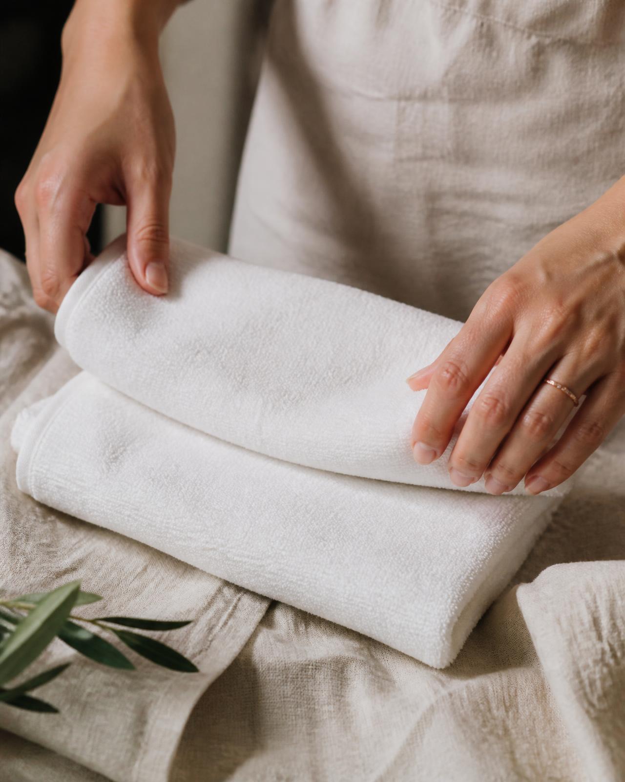 Hands folding a soft white towel