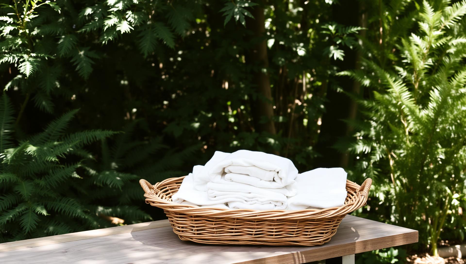 Folded linen in a basket surrounded by lush green native foliage