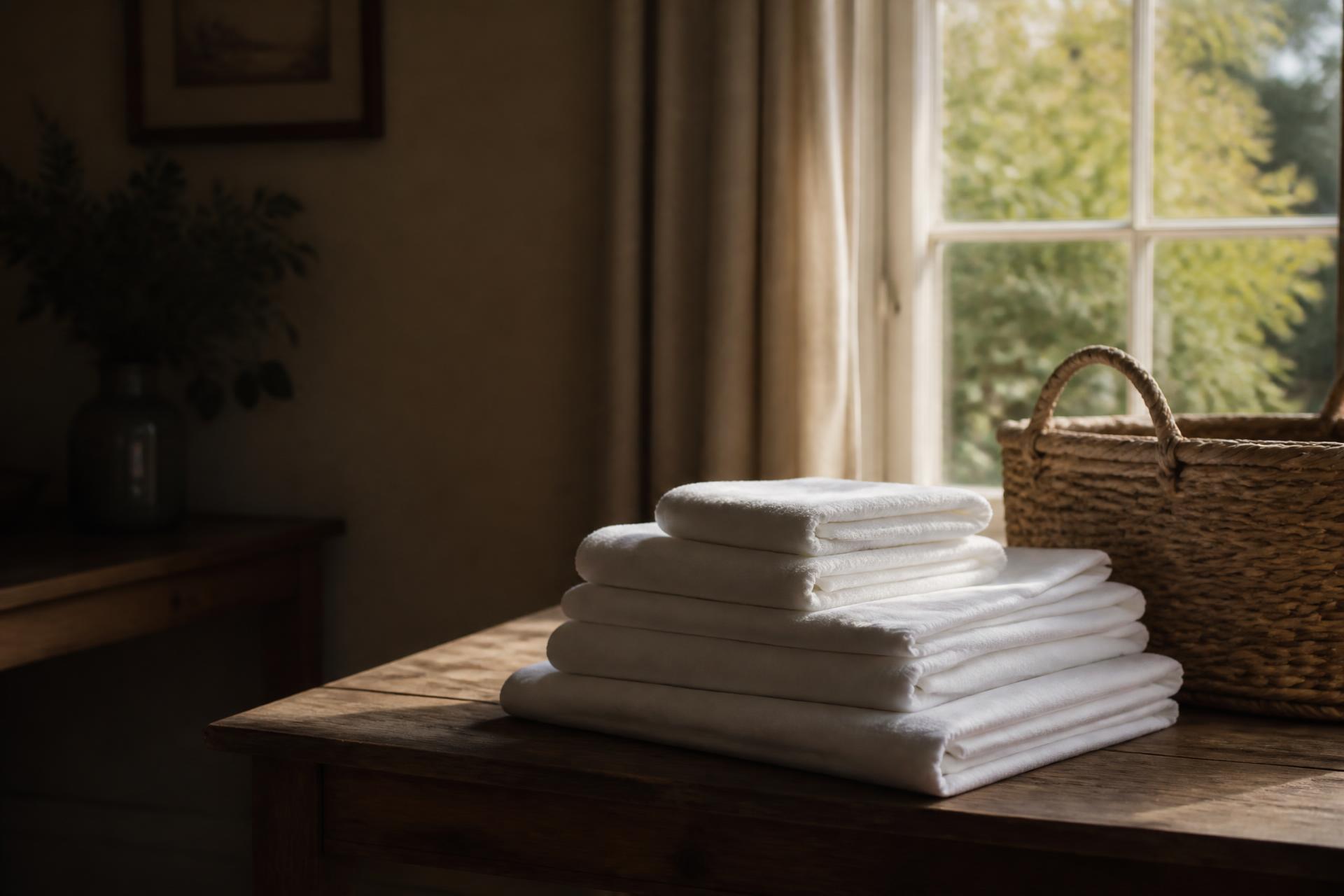 Freshly folded white linens beside a woven laundry basket